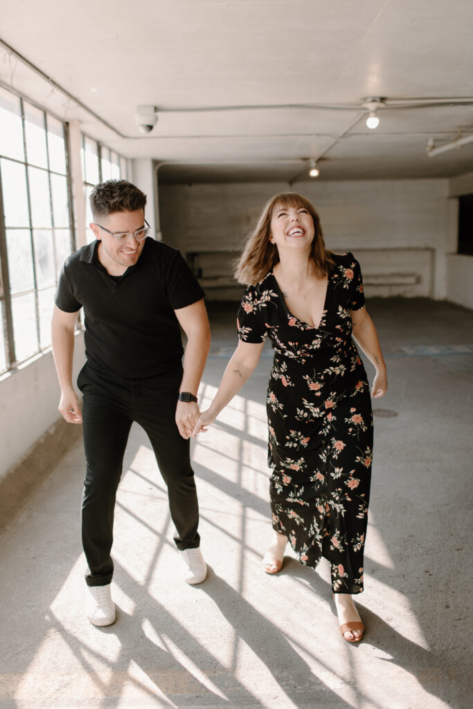 engagement pictures at parking garage in downtown lincoln nebraska