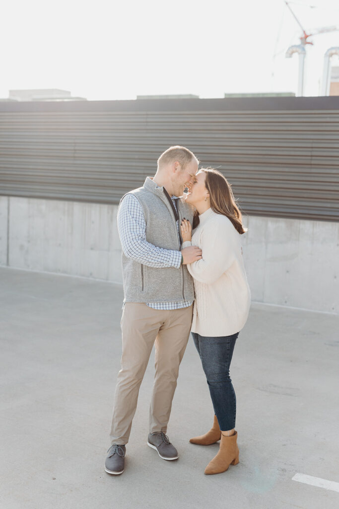 engagement pictures at parking garage in downtown lincoln nebraska