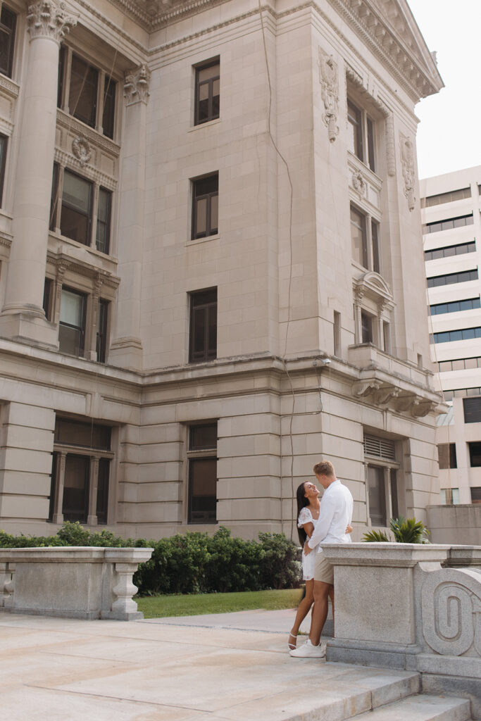 Omaha Nebraska Engagement Pictures outside of Central High School Downtown 