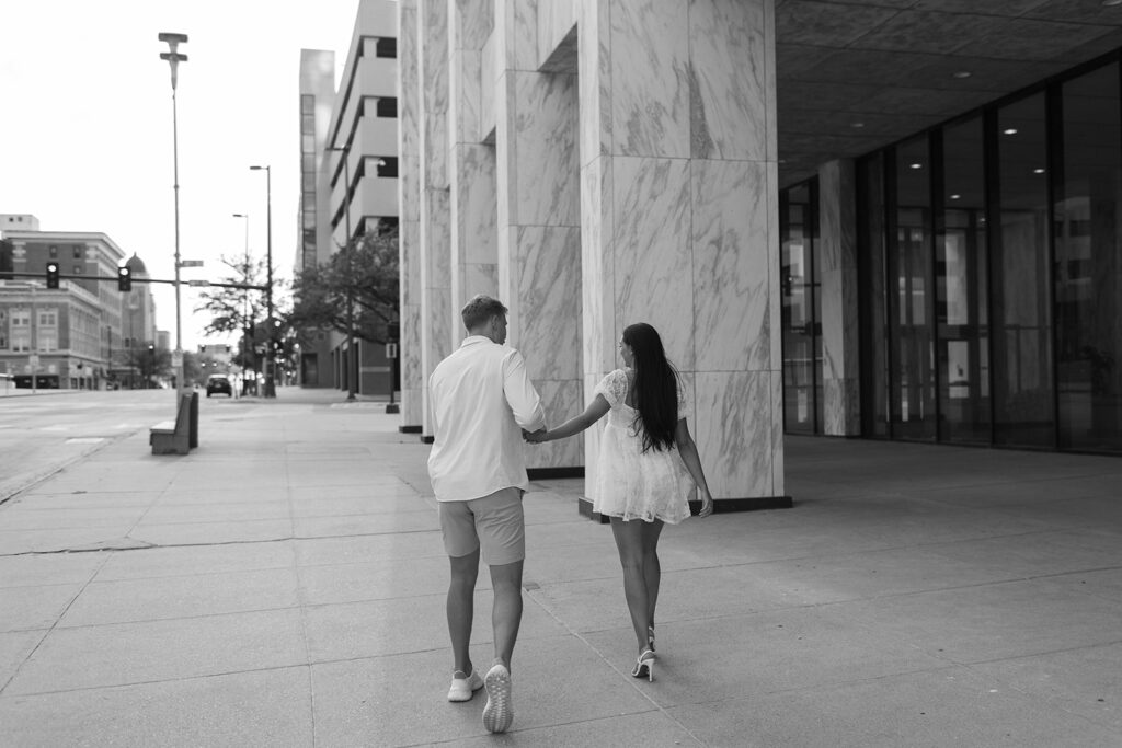 black and white downtown Omaha Nebraska Engagement pictures