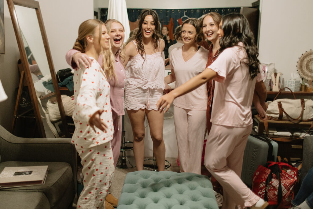 bridesmaids and bride get ready before the winter wedding at the talon room 